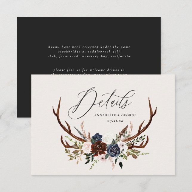 Einzelheiten zu rustikalem Blattwerk, Blumen und J Save The Date (Vorne/Hinten)