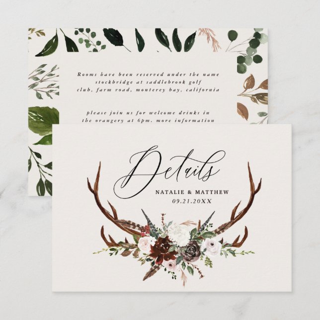 Einzelheiten zu rustikalem Blattwerk, Blumen und J Save The Date (Vorne/Hinten)