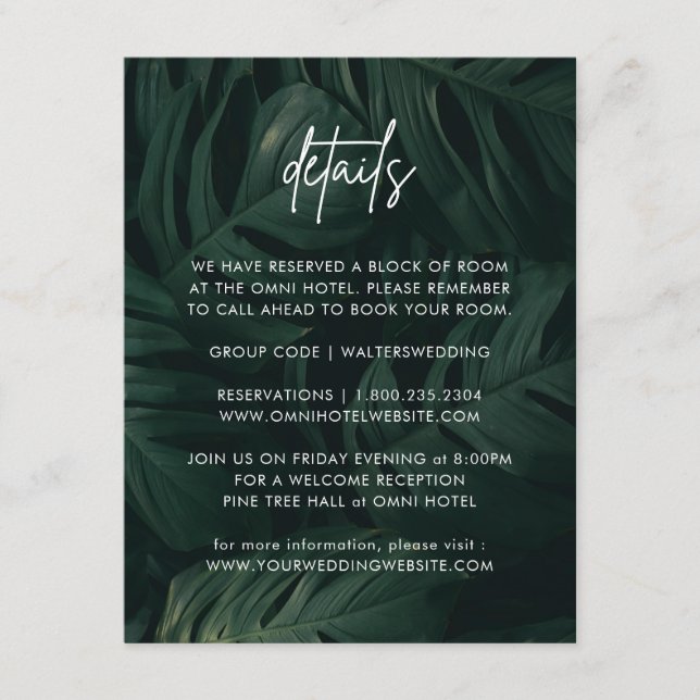 Einzelheiten zur tropischen Hochzeit in Urlaubsort Begleitkarte (Vorderseite)