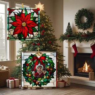 Einzelne Poinsettien Faux-Buntglas Keramikornament
