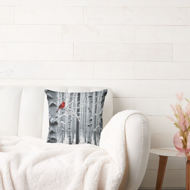Einzelner Kardinal in einem Birkenwald Kissen (Liege)