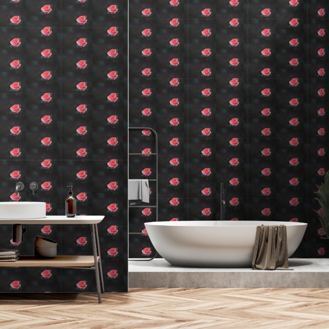 Einzelnes Rosenmuster in Rosa Tapete (Badezimmer)
