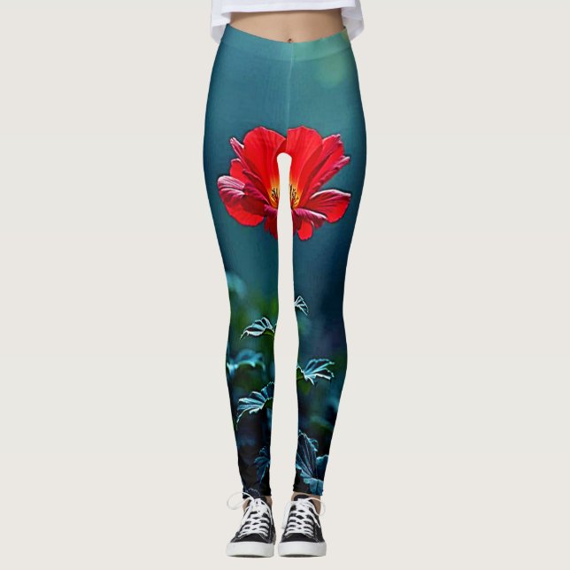 Einzelnes rotes Blütenfokus-Design Leggings (Vorderseite)