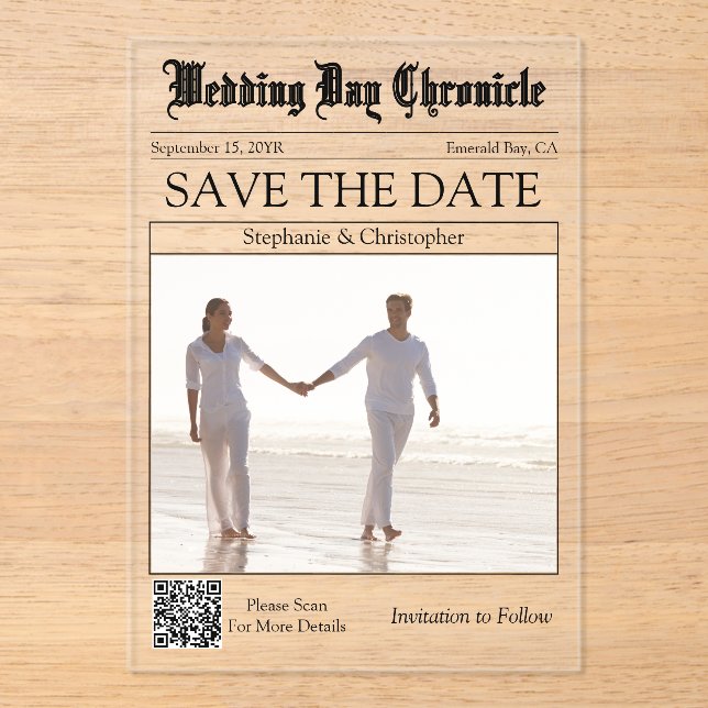 Einzigartige 1-Foto-QR-Code-Zeitung Save-the-Date Acryleinladungen (Vorderseite)