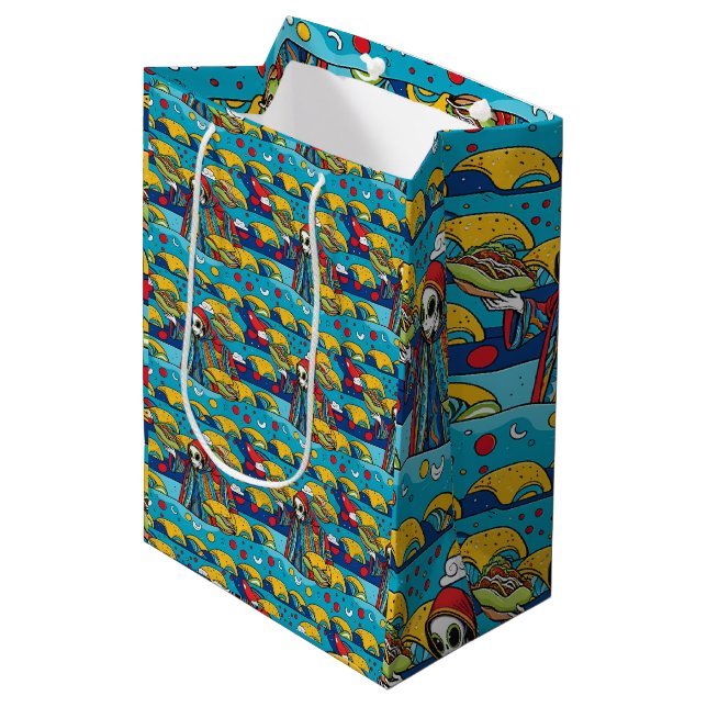 Einzigartige Alien, die Tacos Wrapping Paper isst Mittlere Geschenktüte (Vorderseite Schrägansicht)