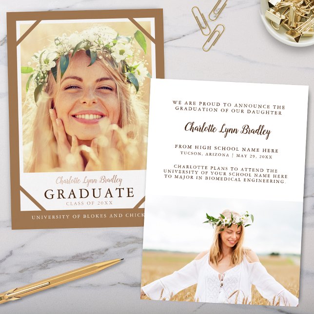 Einzigartige Ankündigung des modernen Minimalistis (Elegant earthy bohemian graduation announcment with rose gold foil and modern minimalist script)