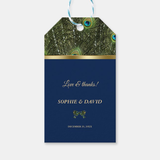 Einzigartige blaue Gold Pfauenfeathers Wedding Geschenkanhänger (Vorderseite)