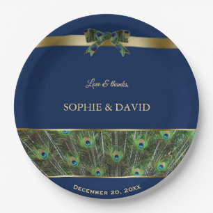 Einzigartige blaue Gold Pfauenfeathers Wedding Pappteller