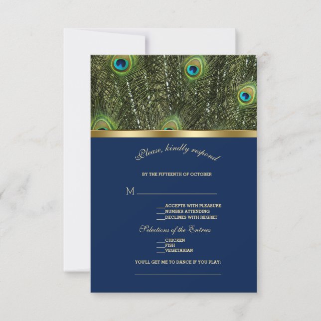 Einzigartige blaue Gold Pfauenfeathers Wedding RSVP Karte (Vorderseite)