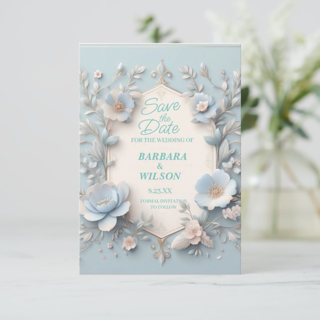 Einzigartige blaue und weiße Save the Date-Karte Save The Date (Stehend Vorderseite)