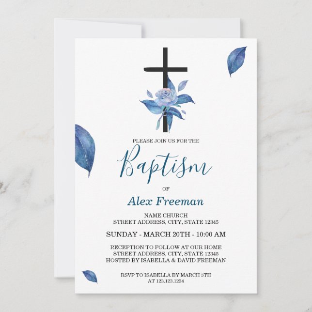 Einzigartige Blauer Script Wasserfarben Rose Blume Einladung (Vorderseite)