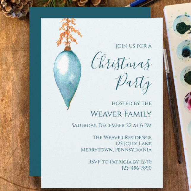 Einzigartige Blue Watercolor Weihnachtszeit-Party  Einladung (Customize this template for unique beautiful Christmas party invitation. Original blue watercolor. )