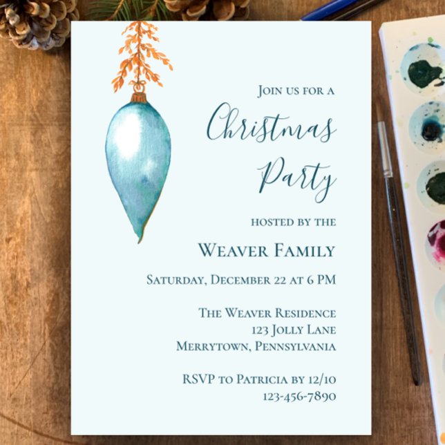 Einzigartige Blue Watercolor Weihnachtszeit-Party  Einladung (Original watercolor blue Christmas bauble. Custom modern Christmas party invitation
)