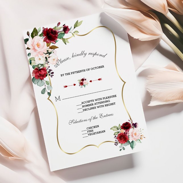 Einzigartige Burgund Blush Blume Gold Wedding RSVP Karte (Von Creator hochgeladen)