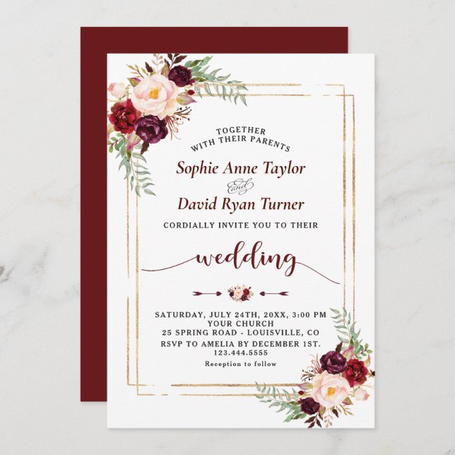 Einzigartige Burgundy Marsala Floral Handwriting W Einladung (Vorne/Hinten)