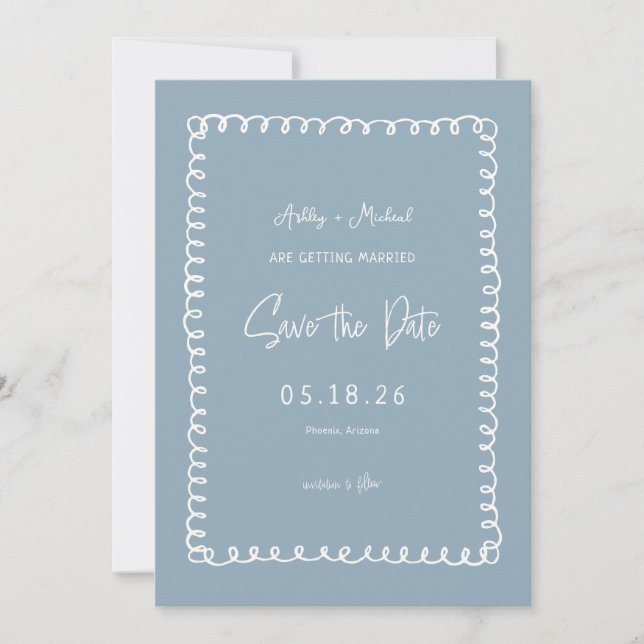 Einzigartige Dusty Blue French Fusion Save The Date (Vorderseite)