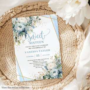 Einzigartige Dusty Blue White Gold Blume Sweet 16 Einladung