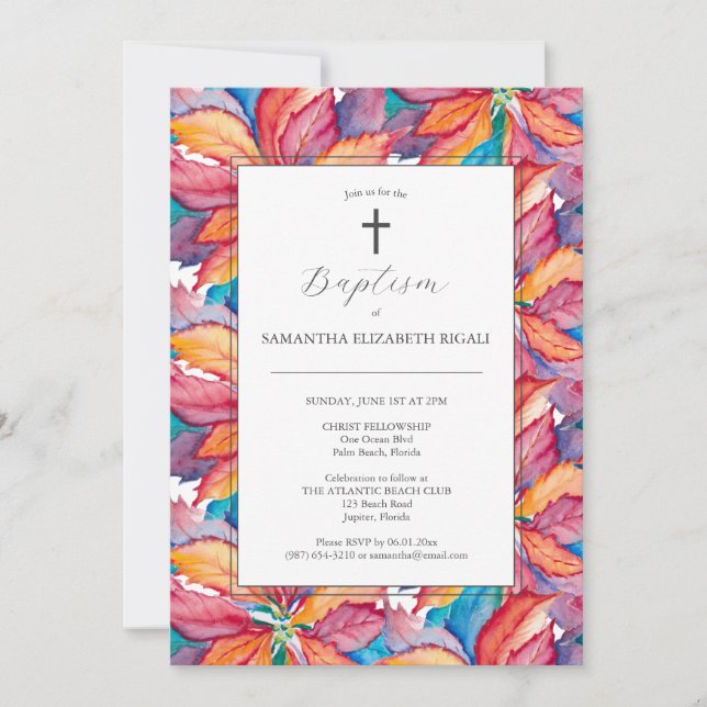 Einzigartige Einladung zur Taufe Colorful Poinsett (Vorderseite)