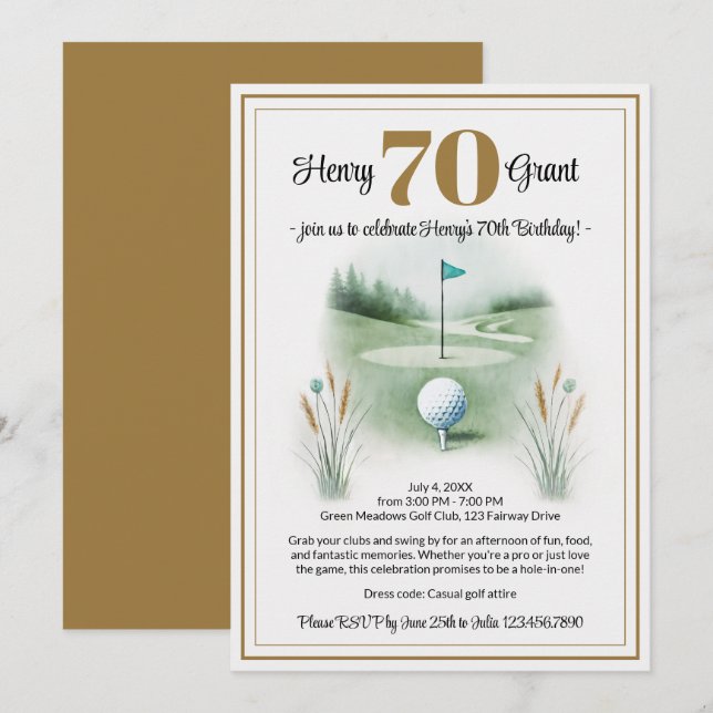 Einzigartige Einladungen zum 70. Geburtstag - Golf (Vorne/Hinten)