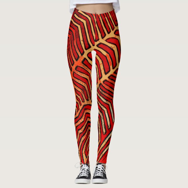 Einzigartige farbenfrohe, schwarz-orange Leggings (Vorderseite)