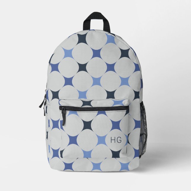 Einzigartige Gender Neutral Blue Monogram Initiale Bedruckter Rucksack (Vorderseite)
