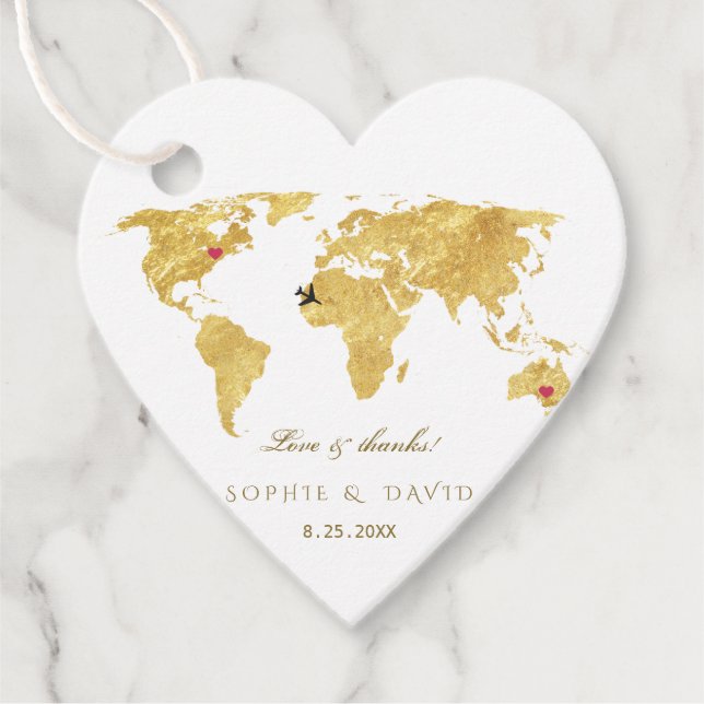 Einzigartige Gold Foil World Map Hochzeit in Urlau Geschenkanhänger (Vorderseite)