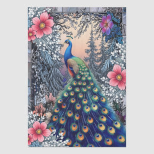 Einzigartige große Winter-Blumen-Pfau-Decoupage Seidenpapier
