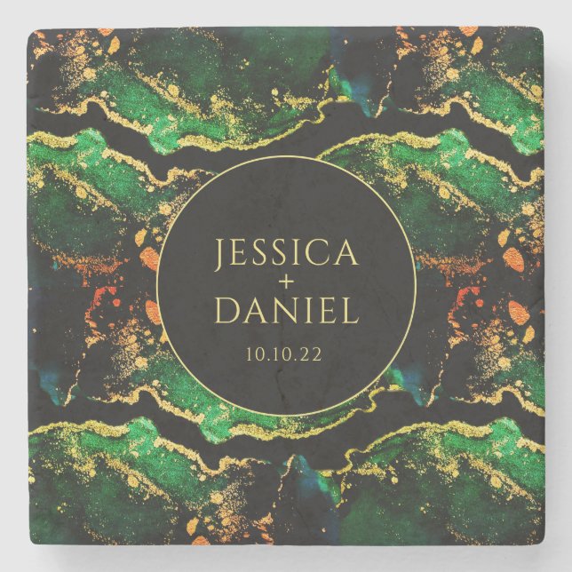 Einzigartige grüne Black Bronze Gold Hochzeit Steinuntersetzer (Vorderseite)