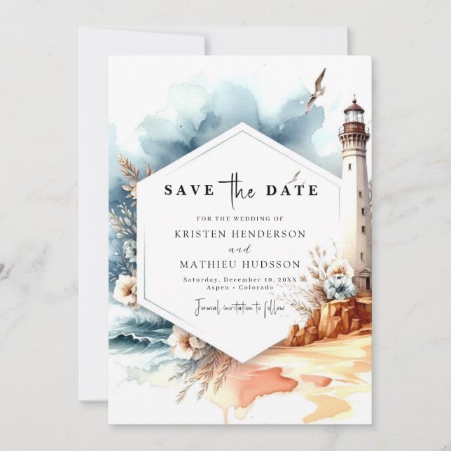 Einzigartige Hochzeit des Leuchtturms Watercolor W Save The Date (Vorderseite)