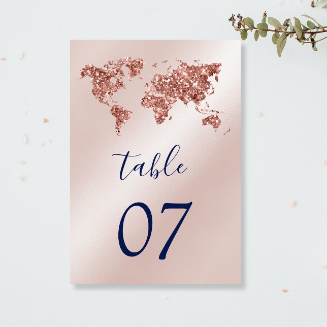 Einzigartige Hochzeit in Urlaubsort Rose Gold Welt Tischnummer (rose gold glitter world map)