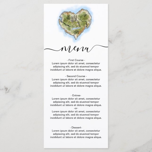 Einzigartige Illustrierte Hochzeit in Urlaubsort Menükarte (Vorderseite)