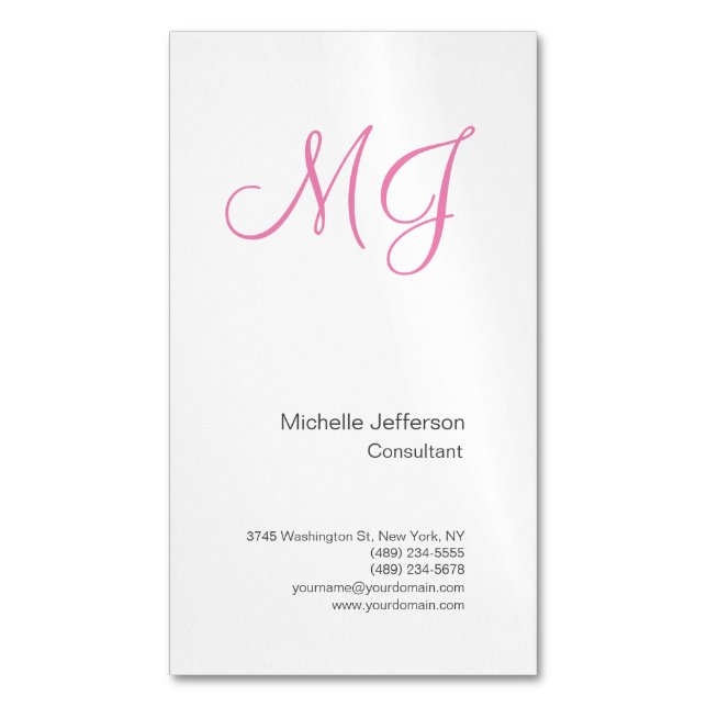 Einzigartige Kalligraphie Monogram White Pink Init Magnetische Visitenkarte (Vorderseite Vertikal)