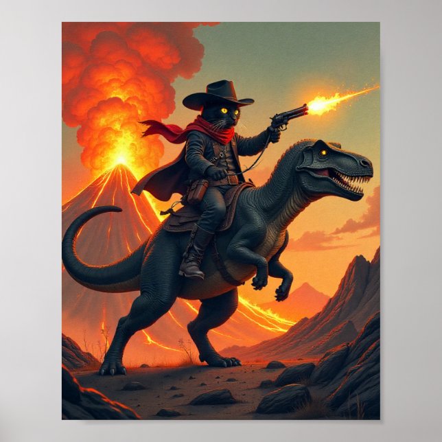 Einzigartige Katze Cowboy Reitender Dinosaurier |  Poster (Vorne)