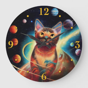 Einzigartige Katze in weltraumfarbenem Bleistiftge Große Wanduhr
