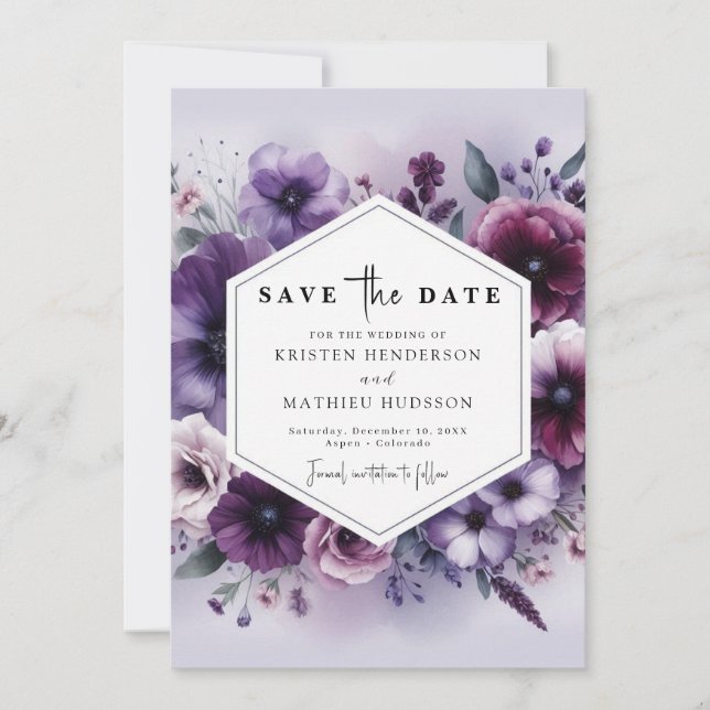 Einzigartige Lila Blumenhochzeit Save The Date (Vorderseite)