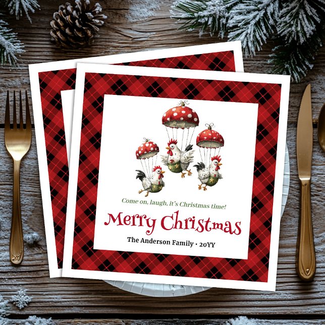 Einzigartige lustige Hühner editierbarer benutzerd Serviette (Sweet Whimsical Chickens Personalized Red Green Cartoon Christmas Napkins

)