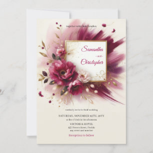 Einzigartige Magenta-Blume und Goldrahmen-Hochzeit Einladung