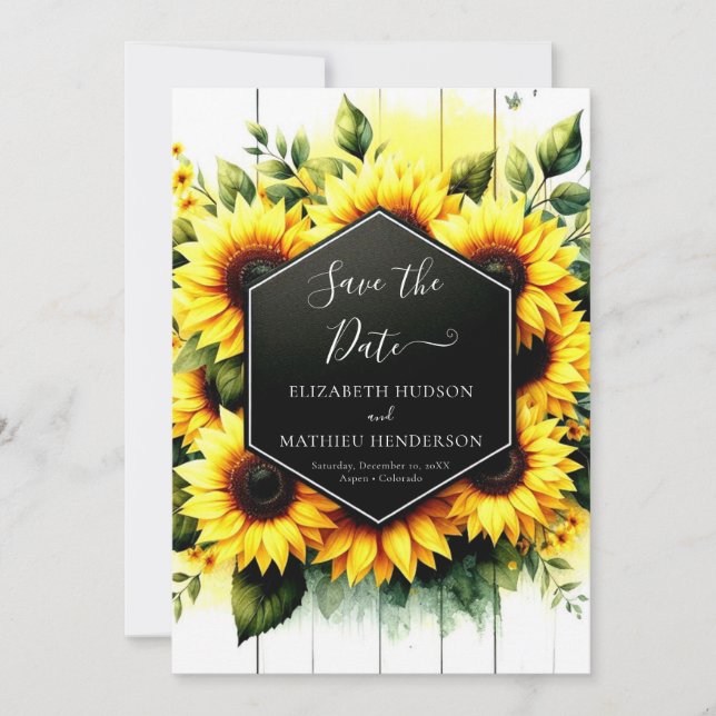 Einzigartige Minimal Sonnenblumenhochzeit Save The Date (Vorderseite)