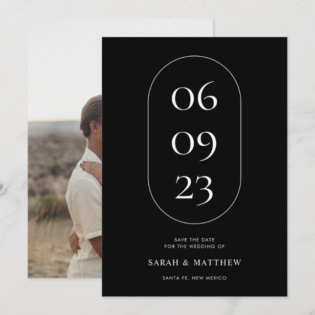 Einzigartige Minimalistische Schwarz-Weiß-Hochzeit Save The Date (Vorne/Hinten)