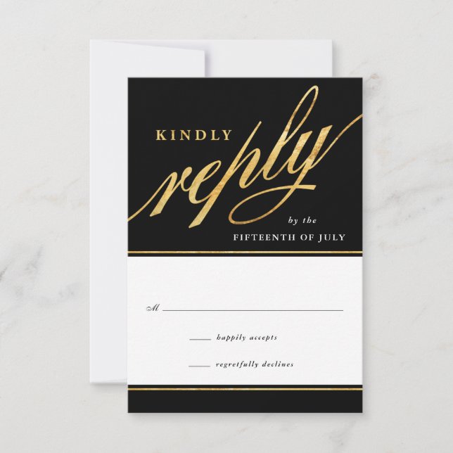 Einzigartige moderne Black & Gold Script-Antwortka RSVP Karte (Vorderseite)