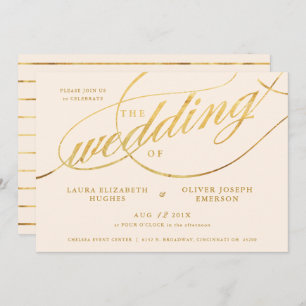 Einzigartige moderne Champagne & Gold Script Hochz Einladung