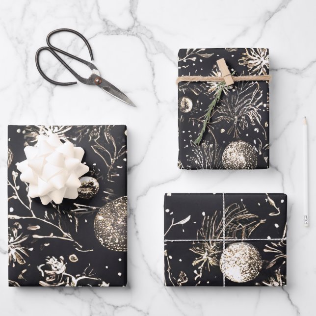 Einzigartige Moderne Elegante Weihnachten Schwarze Geschenkpapier Set (Vorderseite)