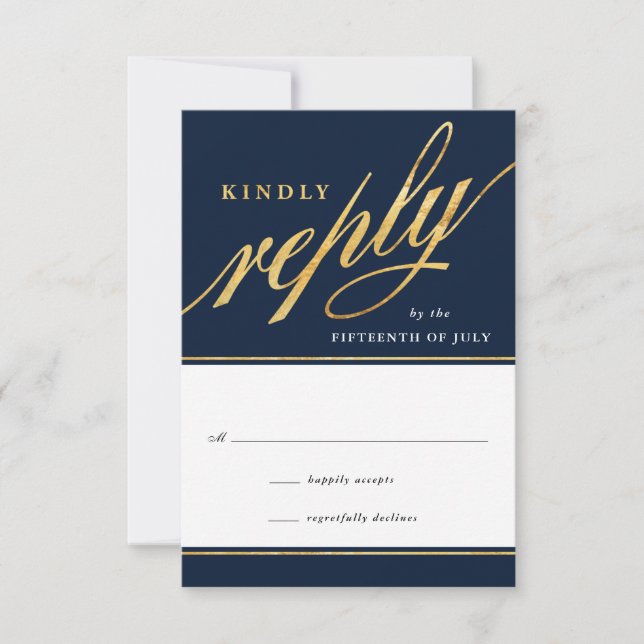 Einzigartige moderne Navy & Gold Script-Antwortkar RSVP Karte (Vorderseite)