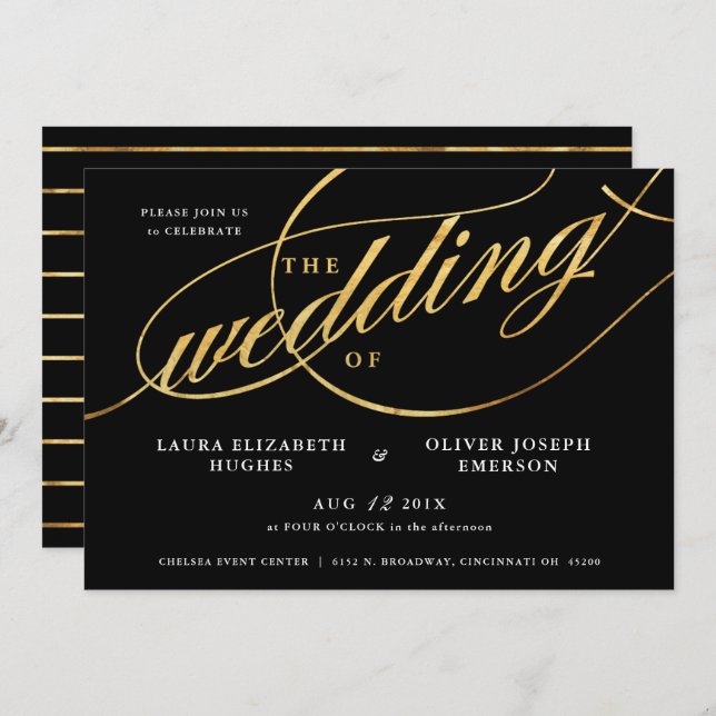 Einzigartige moderne Schwarz-Gold-Script-Hochzeit Einladung (Vorne/Hinten)