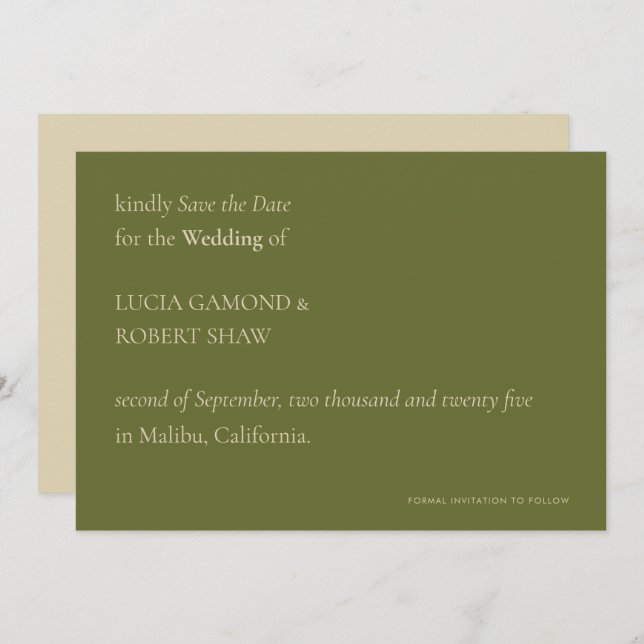 Einzigartige moderne Typografie Olive Green Weddin Save The Date (Vorne/Hinten)