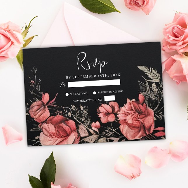 Einzigartige Moody Gothic Floral Black Wedding RSVP Karte (Unique Moody Gothic Floral Black Wedding RSVP Card)