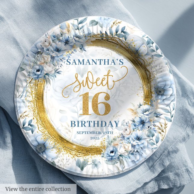Einzigartige Pastel Blue 16 . Geburtstag Gold Glit Pappteller (Unique Pastel Blue Sweet Sixteen Gold Glitter Paper Plates)