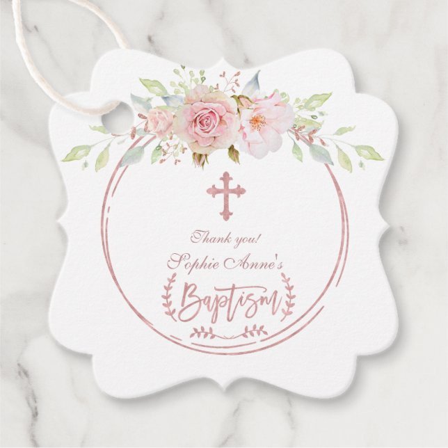 Einzigartige rosa Blume Blüte Rose Gold Cross Tauf Geschenkanhänger (Vorderseite)