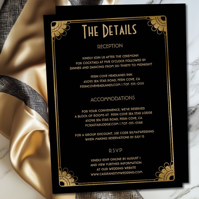 Einzigartige Schwarz-Gold-Art-Déco Begleitkarte (Classy black and gold retro floral wedding details enclosure card)