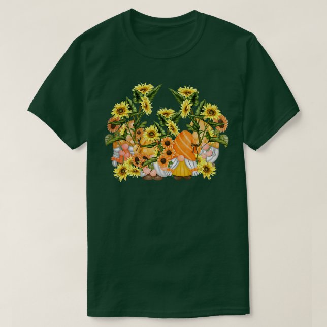 Einzigartige Sonnenblumen Gnome-Hippies Blumengraf T-Shirt (Design vorne)